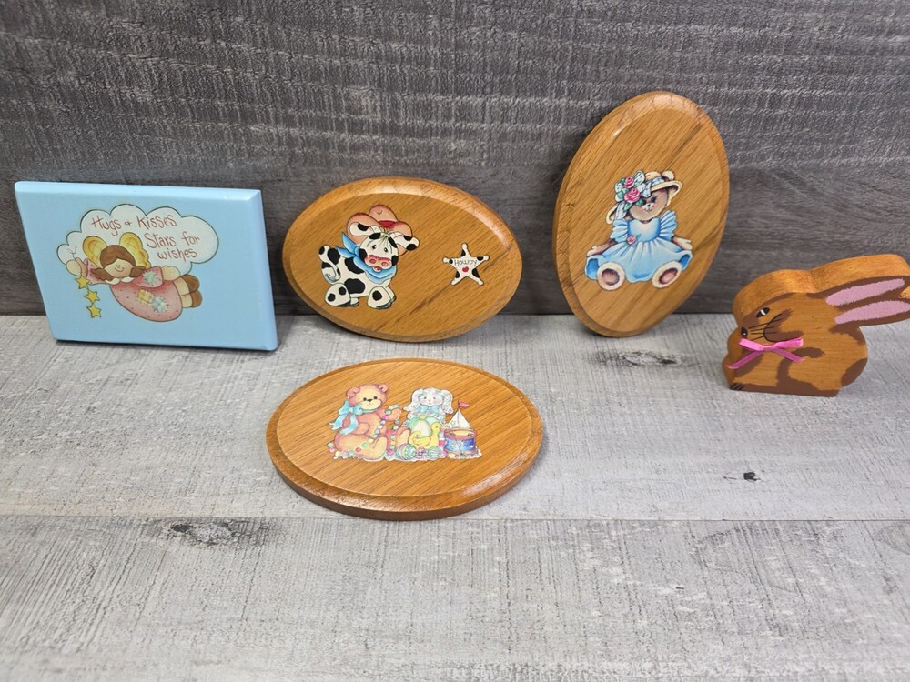 VTG Decoupage Angel Kid Bear Wood Plaques Wall Hanging Retro Decor Gift Lot b18
